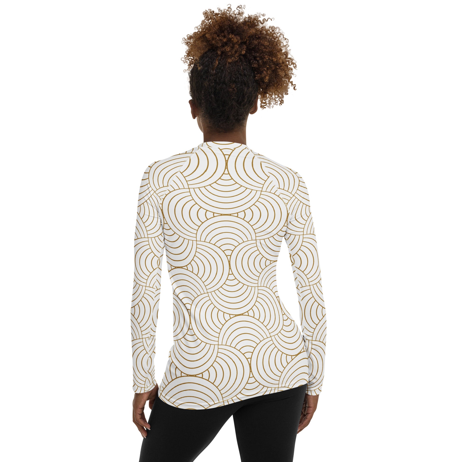 Rash guard femme - blanc et or graphique à ondulations graphique minimaliste  – vue de dos, finitions propres