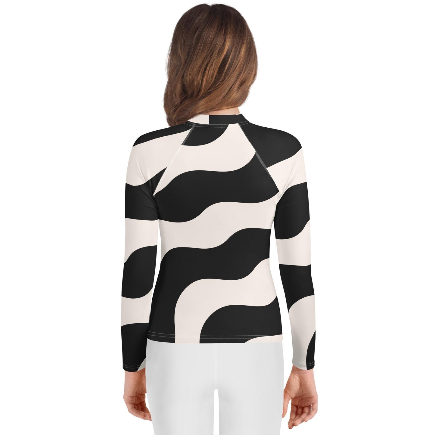 Rash guard fille ado - beige et noir à ondulations graphique minimaliste – Porté piscine/plage – dos, finitions propres