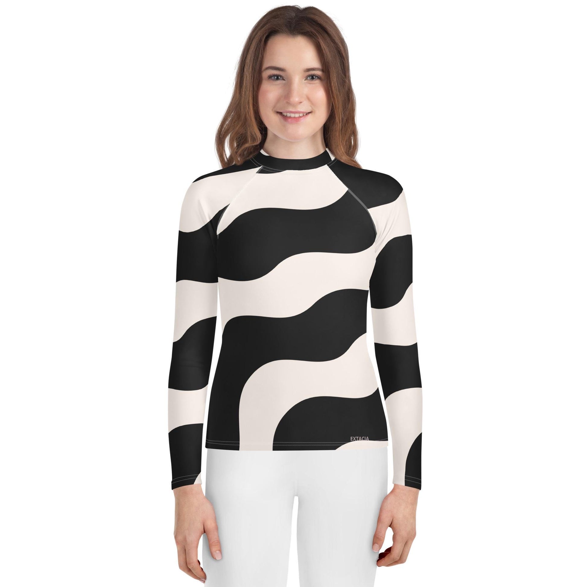 Rash guard fille ado - beige et noir à ondulations graphique minimaliste – vue de face, compression légère