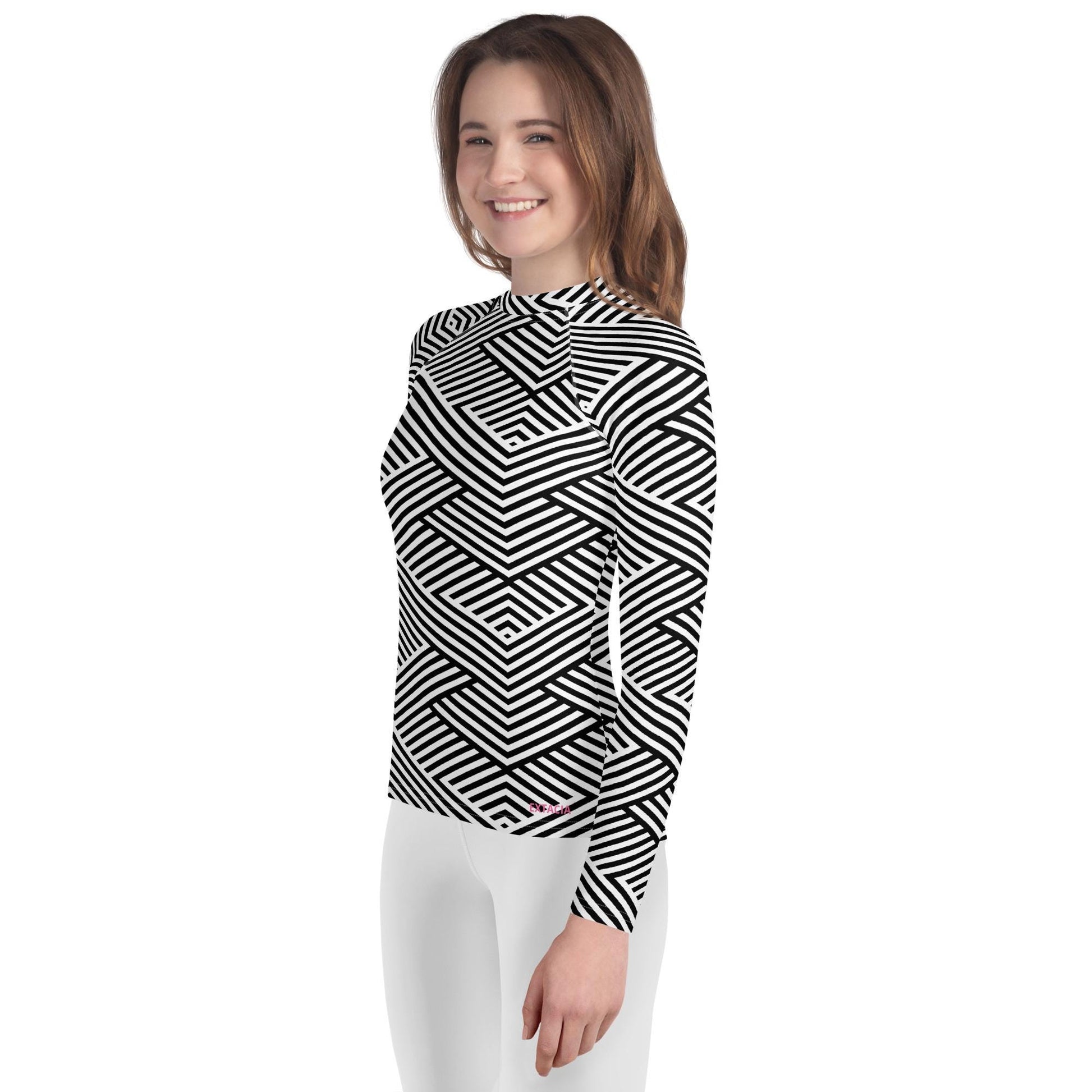 Rash guard fille ado - blanc et noir à rayures graphique minimaliste – profil, respirant et séchage rapide