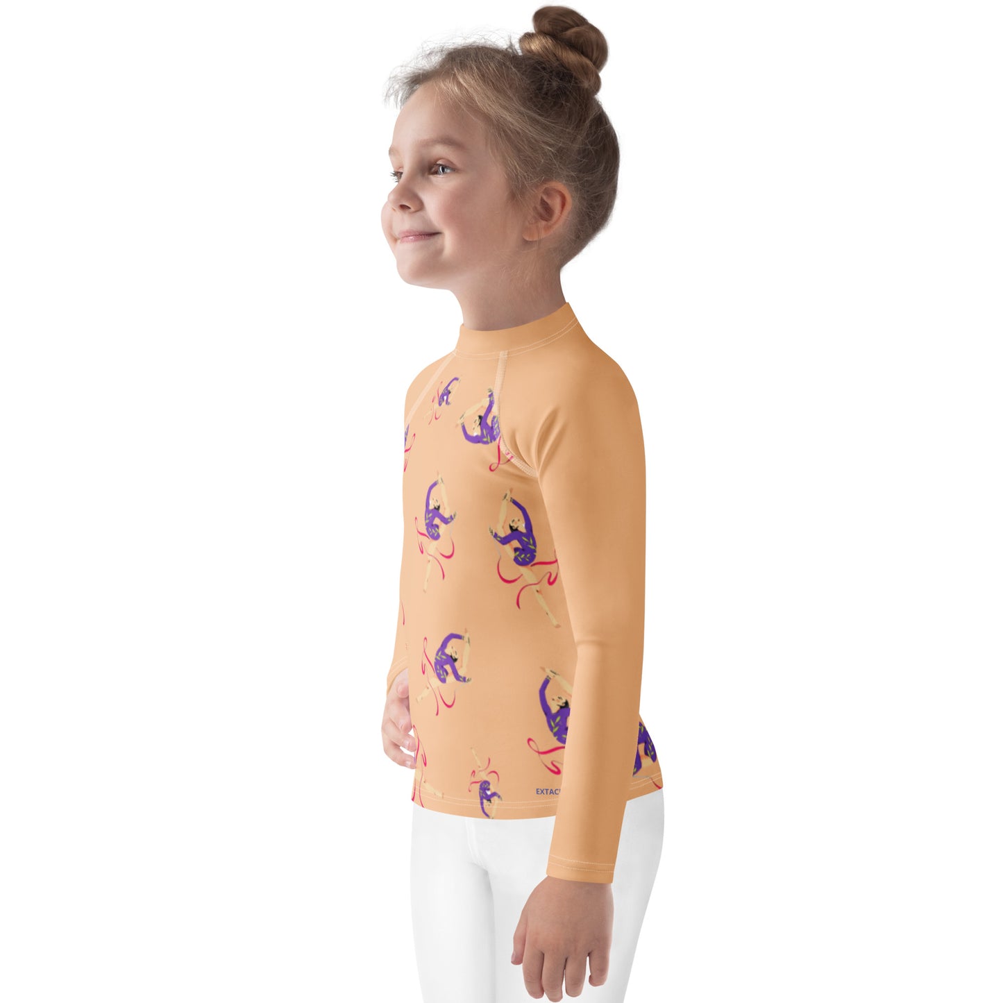 Rash guard petite fille – Saumon motif gymnaste danseuse - vue de profil, respirant et séchage rapide
