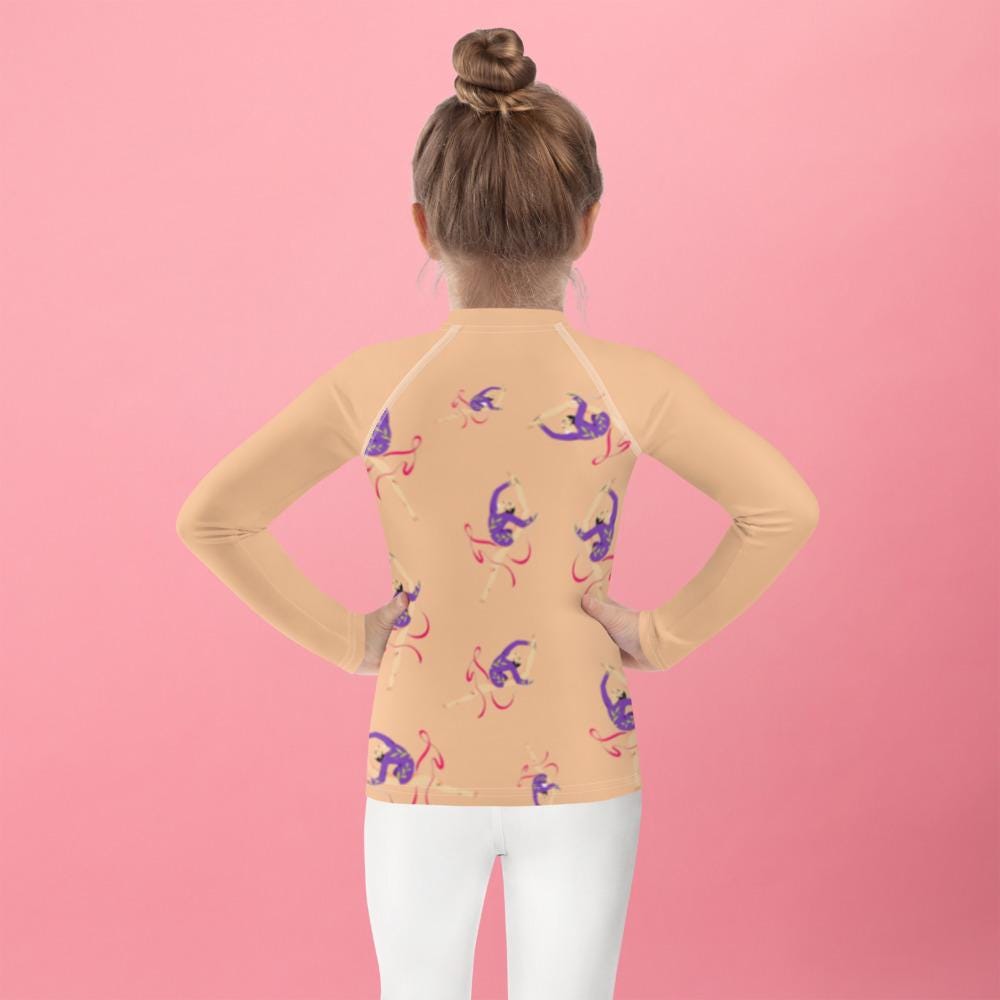 Rash guard petite fille – Saumon motif gymnaste danseuse – vue de dos, finitions propres