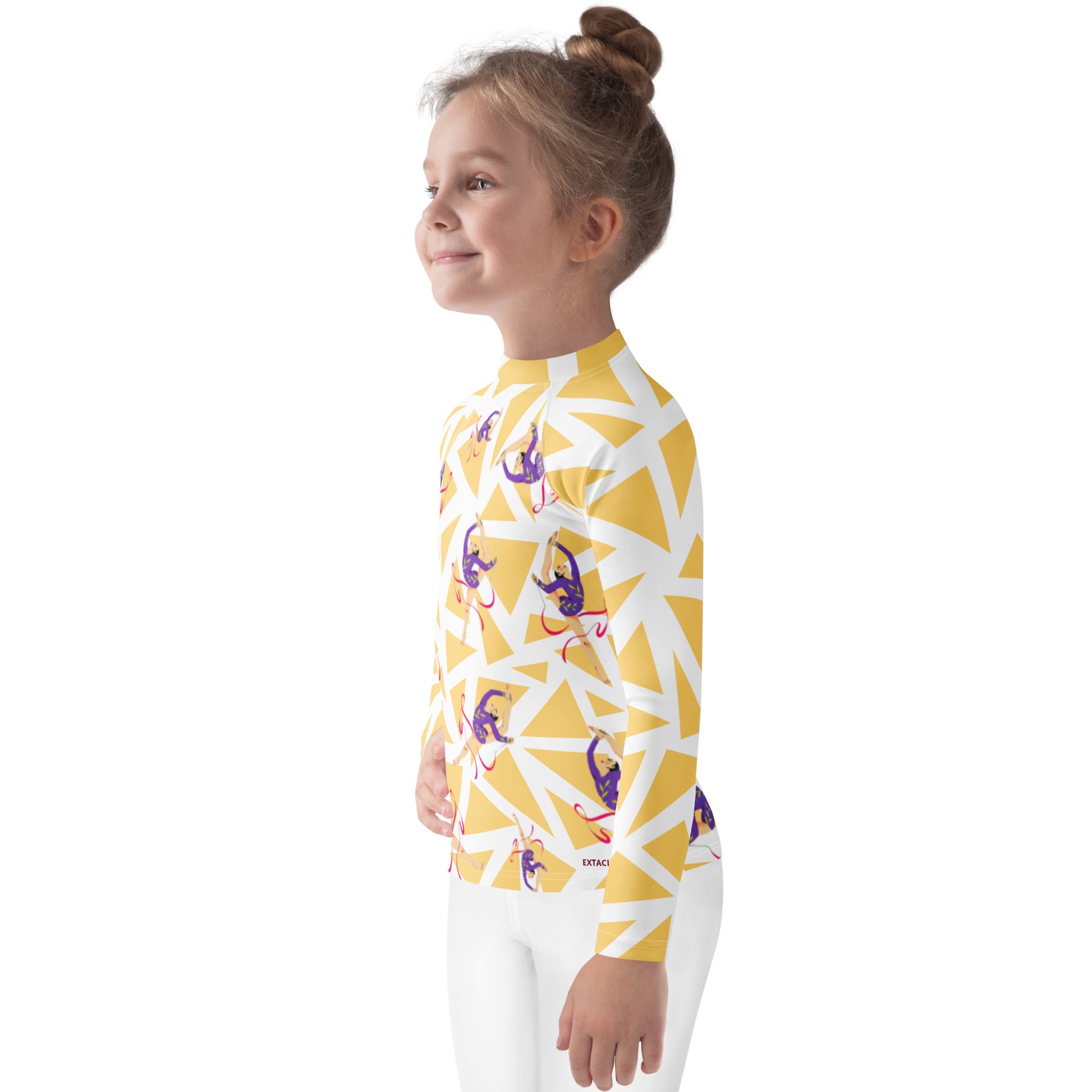 Rash guard petite fille – blanc et jaune graphique, motif gymnaste danseuse -  vue de profil, respirant et séchage rapide