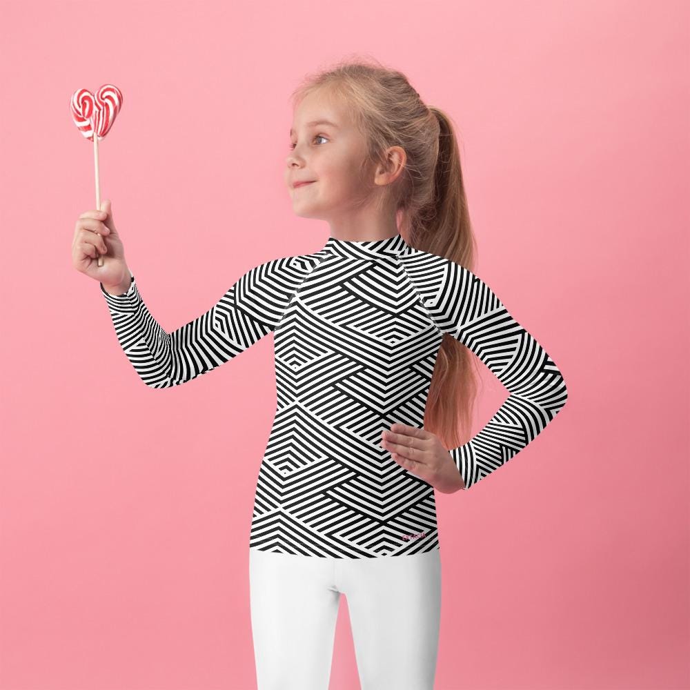 Rash guard petite fille – blanc et noir rayures graphique minimaliste - vue de face, compression légère