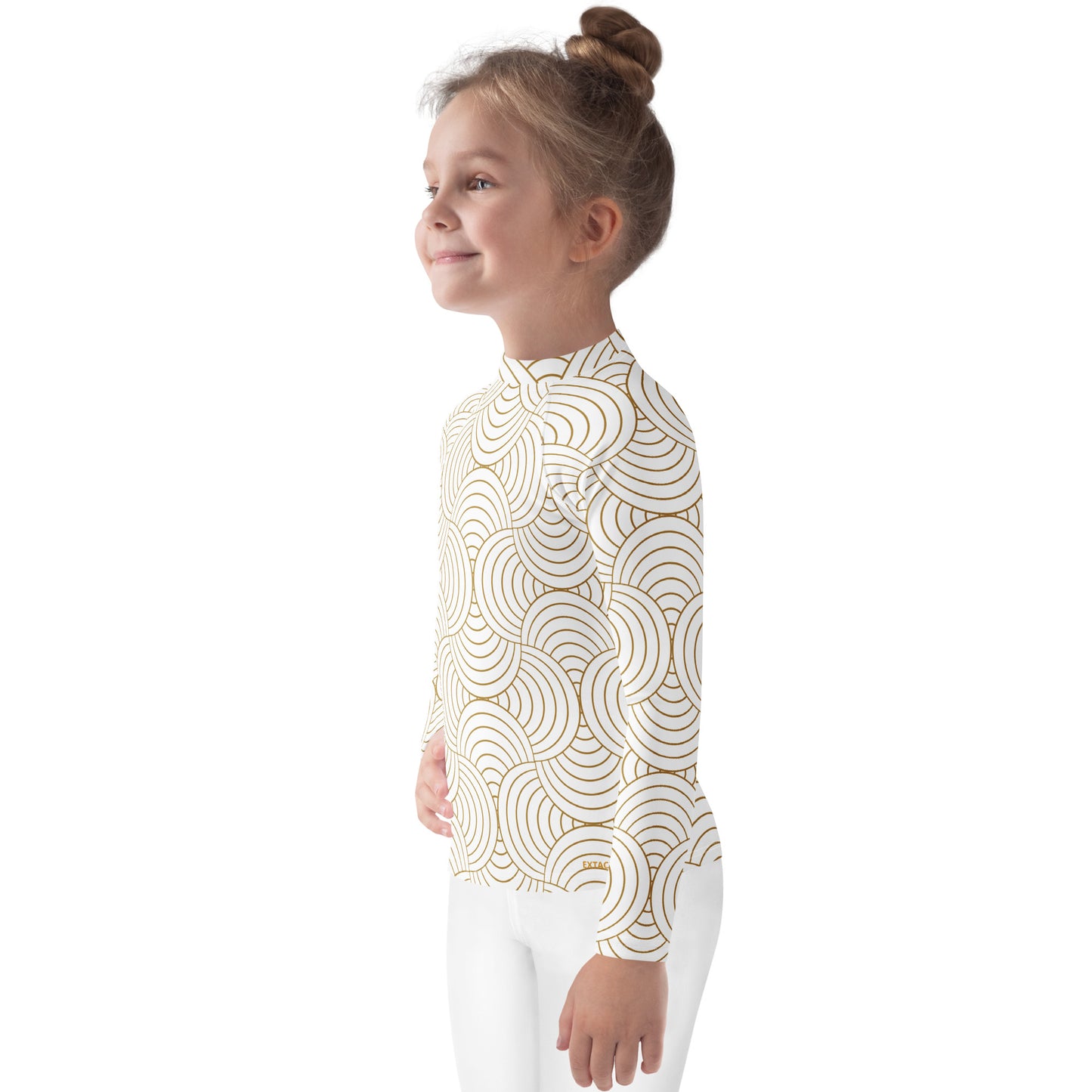 Rash guard petite fille – blanc et or graphique minimaliste - vue de profil, respirant et séchage rapide
