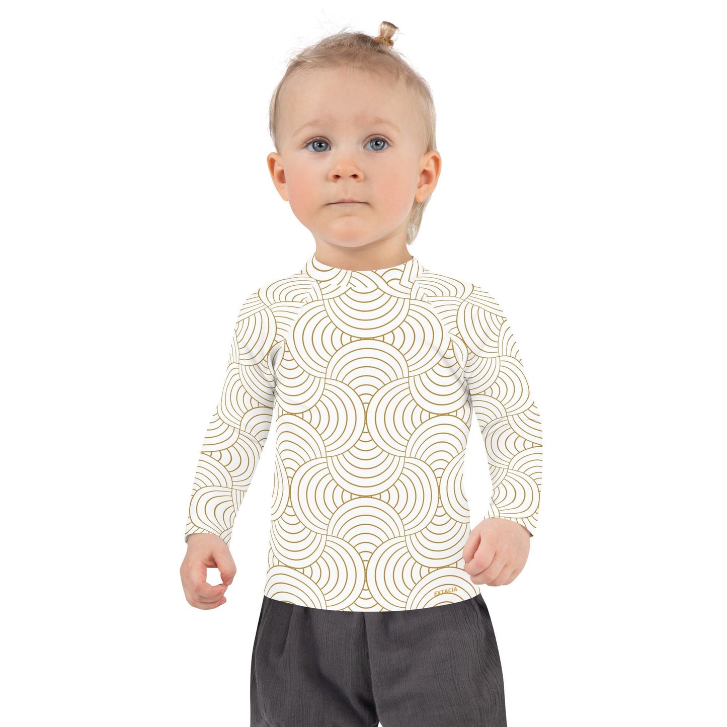 Rash guard petite fille – blanc et or motif graphique minimaliste - Détail maille technique, confort sur peau sensible