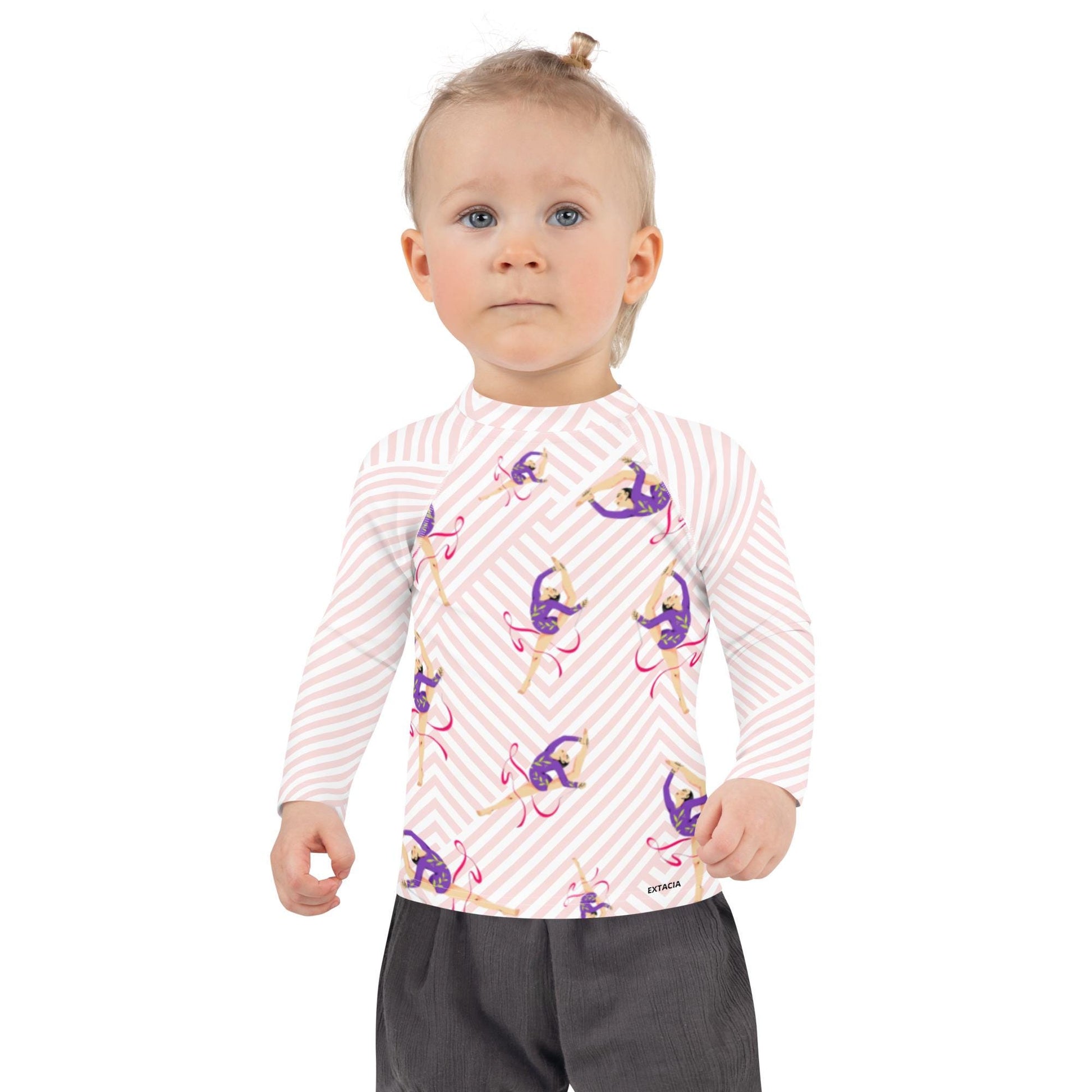 Rash guard petite fille – blanc et rose motif gymnaste danseuse - Détail maille technique, confort sur peau sensible