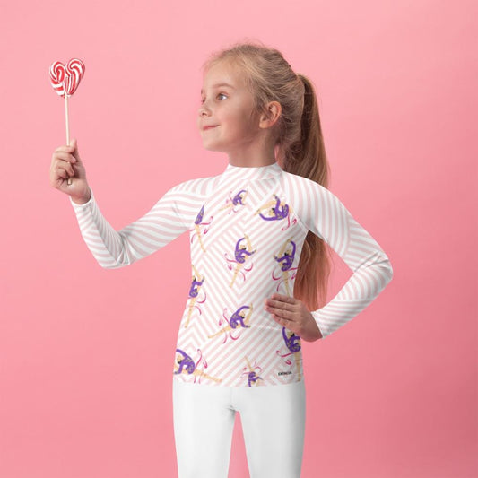 Rash guard petite fille – blanc et rose motif gymnaste danseuse - vue de face, compression légère