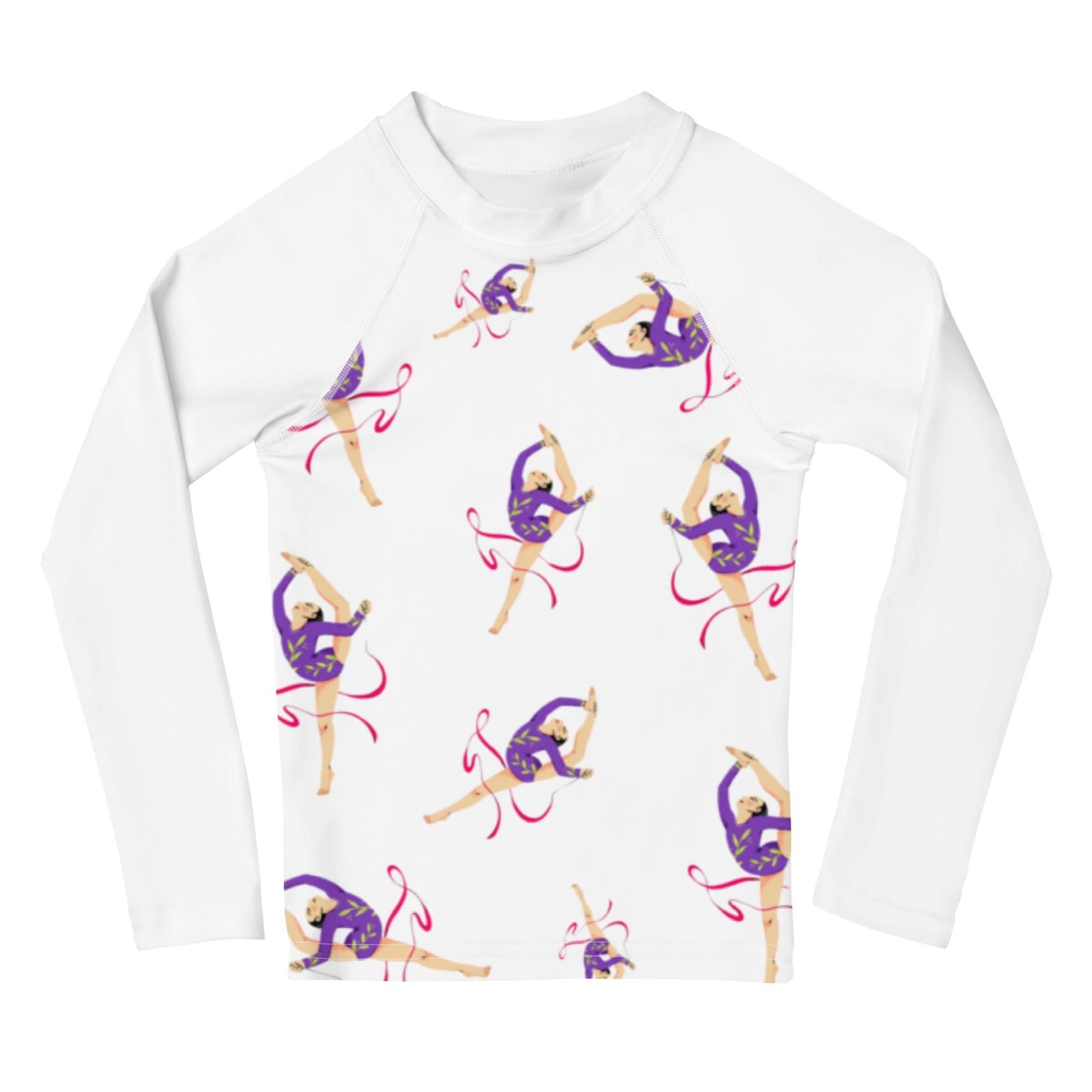 Rash guard petite fille – blanc, motif gymnaste danseuse - Col/poignets/ourlets
