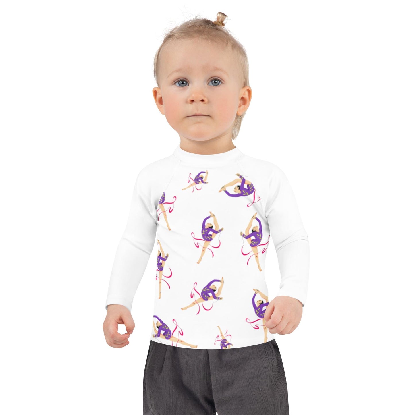 Rash guard petite fille – blanc, motif gymnaste danseuse - Détail maille technique, confort sur peau sensible