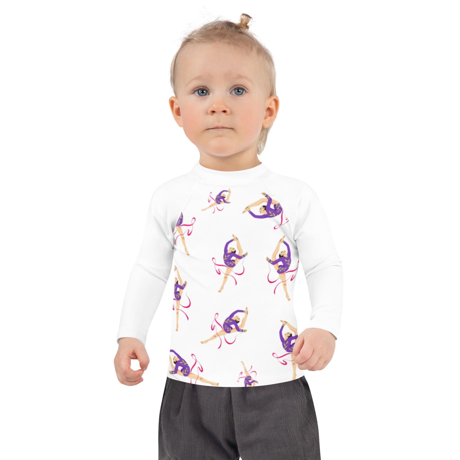 Rash guard petite fille – blanc, motif gymnaste danseuse - Détail maille technique, confort sur peau sensible