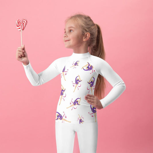 Rash guard petite fille – blanc, motif gymnaste danseuse - vue de face, compression légère