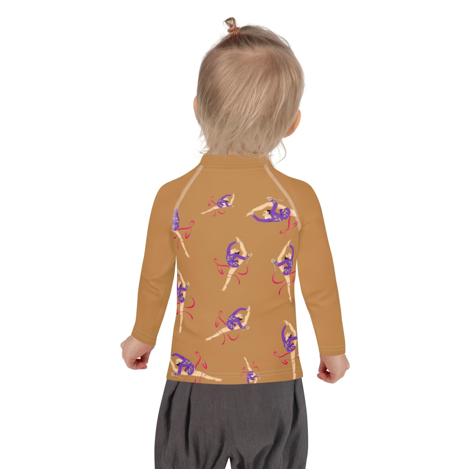 Rash guard petite fille – camel, motif gymnaste danseuse - Porté piscine/plage – mouvement libre, tenue stable