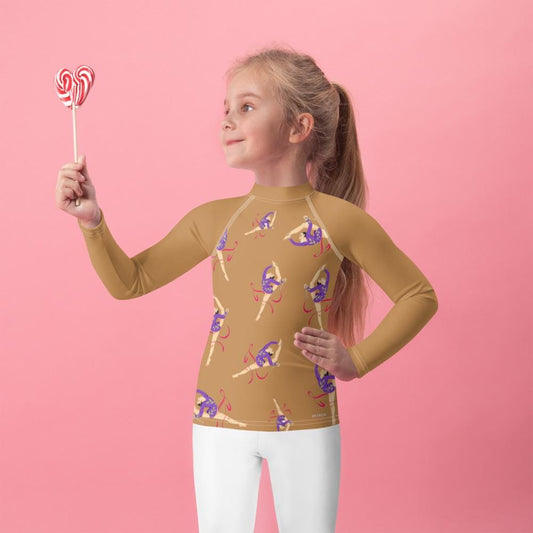 Rash guard petite fille – camel, motif gymnaste danseuse - vue de face, compression légère