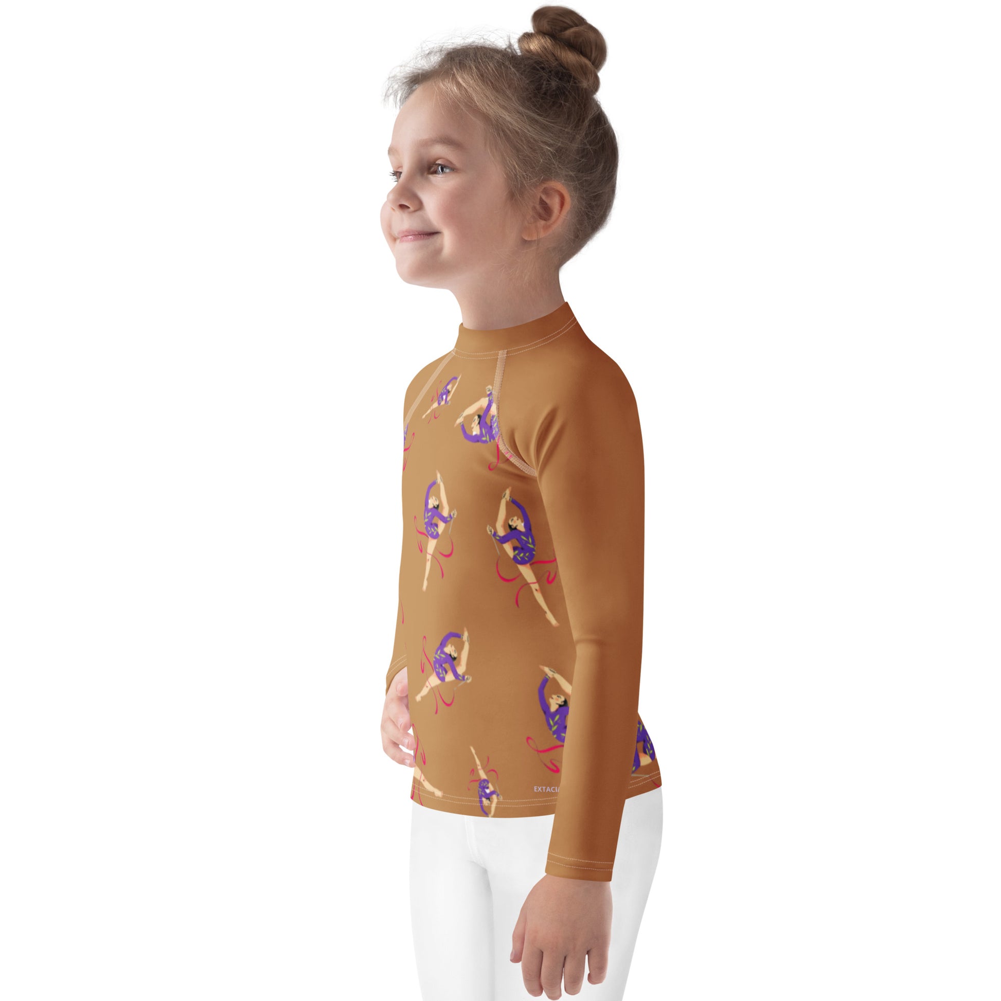 Rash guard petite fille – camel, motif gymnaste danseuse - vue de profil, respirant et séchage rapide