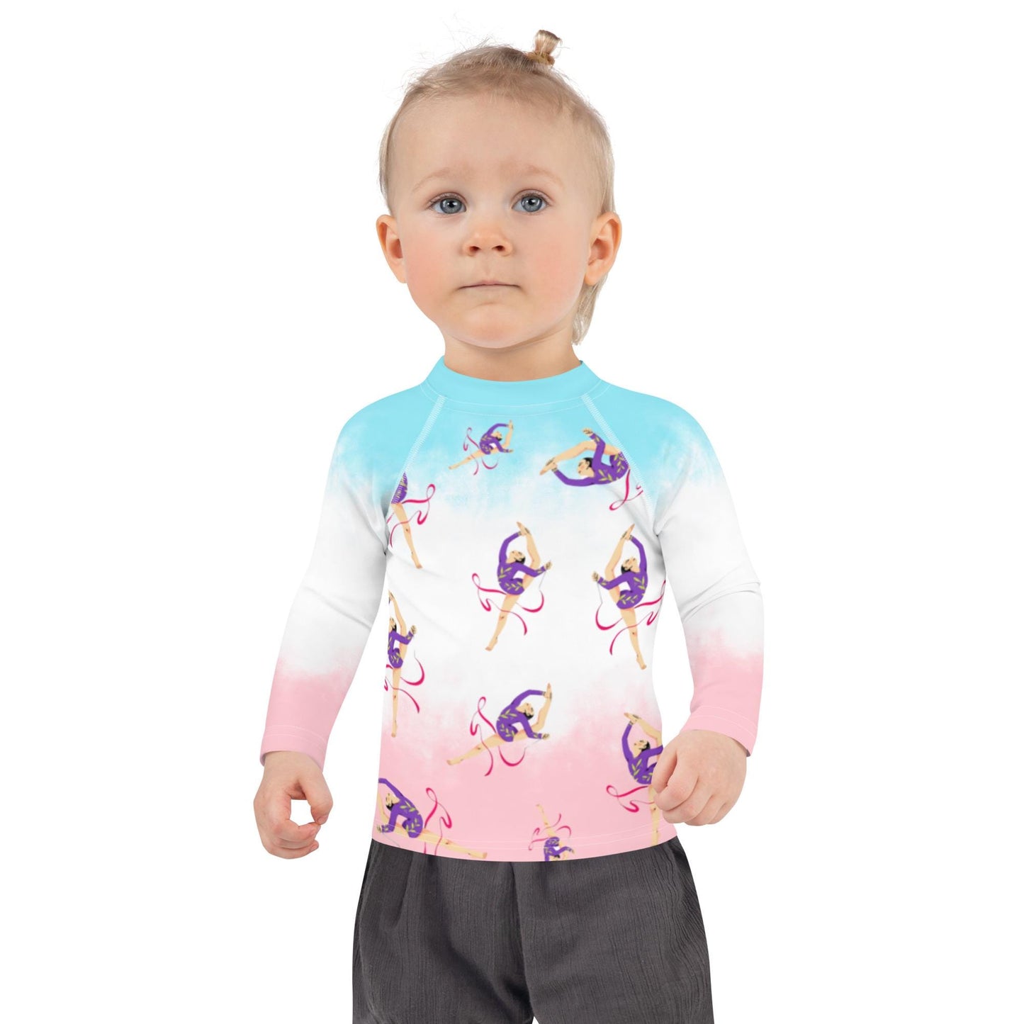 Rash guard petite fille – dégradé bleu blanc rosé - motif gymnaste danseuse - Détail maille technique, confort sur peau sensible