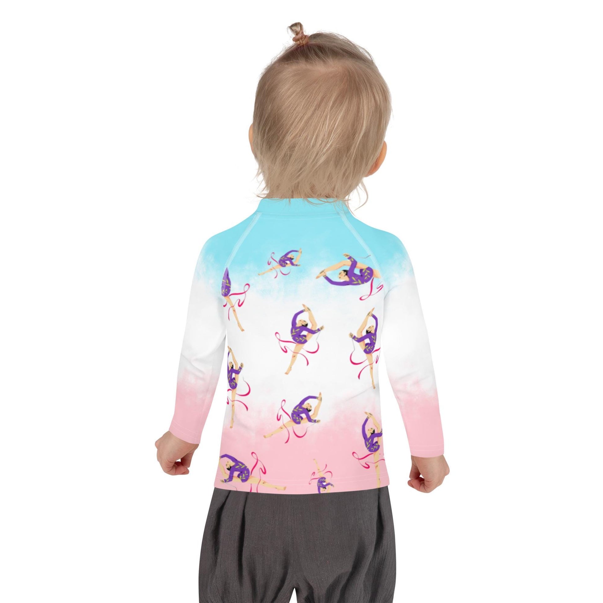 Rash guard petite fille – dégradé bleu blanc rosé - motif gymnaste danseuse - Porté piscine/plage – mouvement libre, tenue stable