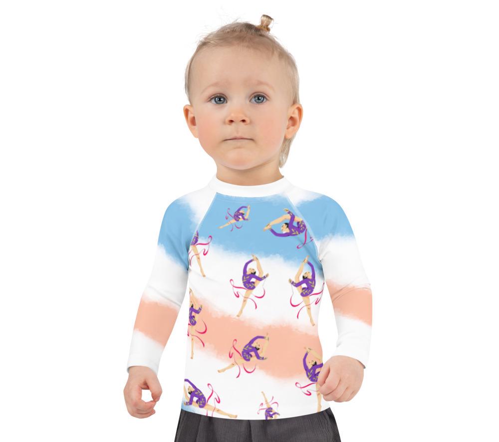 Rash guard petite fille – dégradé bleu blanc saumon - motif gymnaste danseuse - Détail maille technique, confort sur peau sensible
