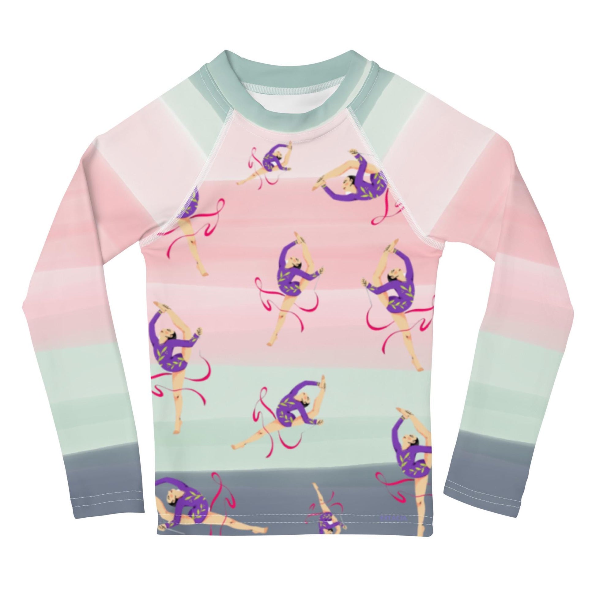Rash guard petite fille – dégradé rose kaki, motif gymnaste danseuse - Col/poignets/ourlets