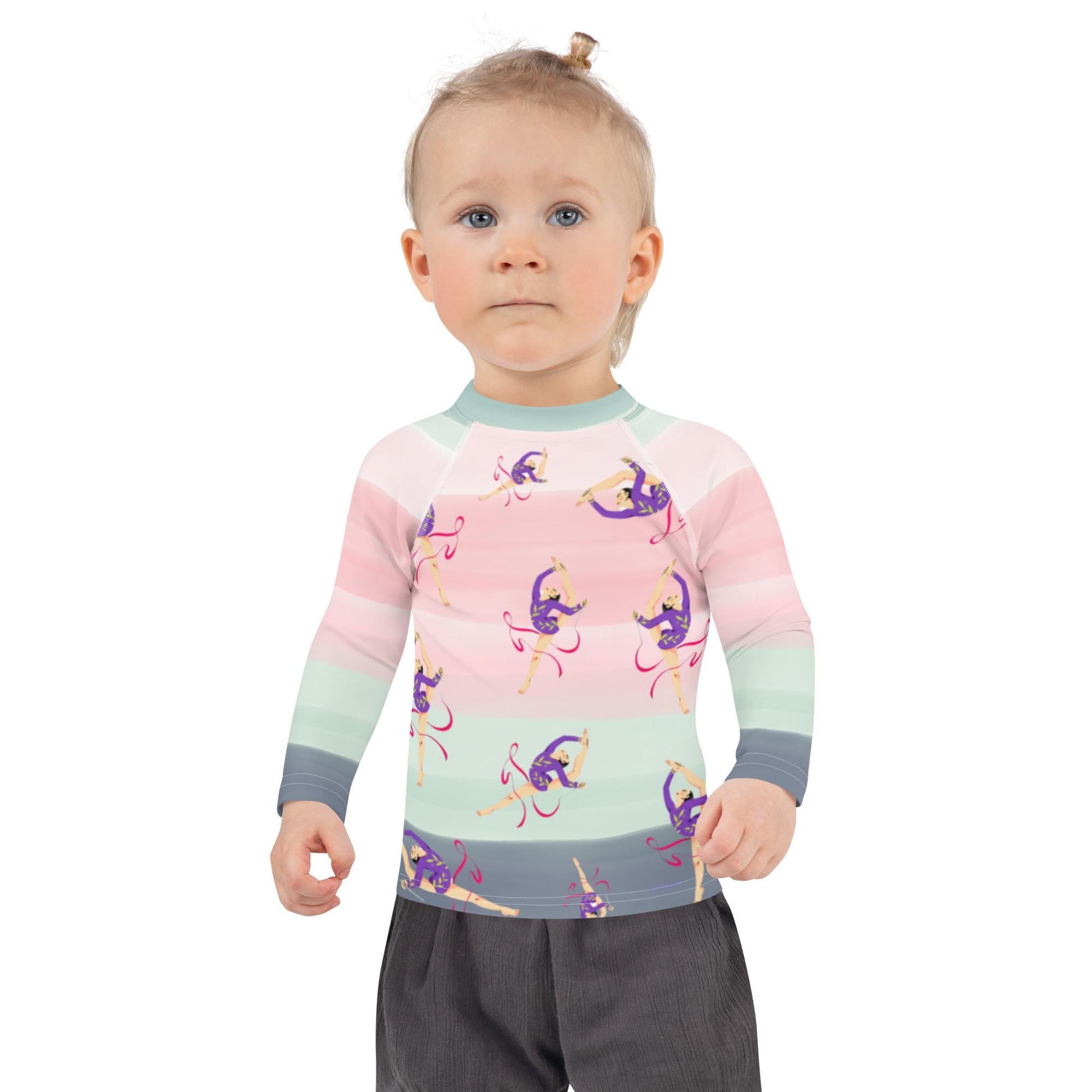 Rash guard petite fille – dégradé rose kaki, motif gymnaste danseuse - Détail maille technique, confort sur peau sensible