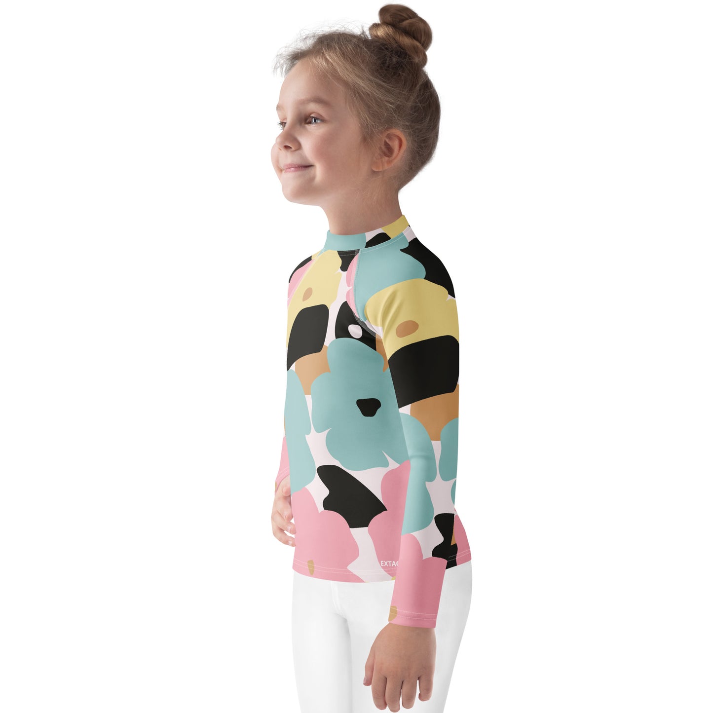 Rash guard petite fille – fleuri pastel nature minimaliste -  vue de profil, respirant et séchage rapide