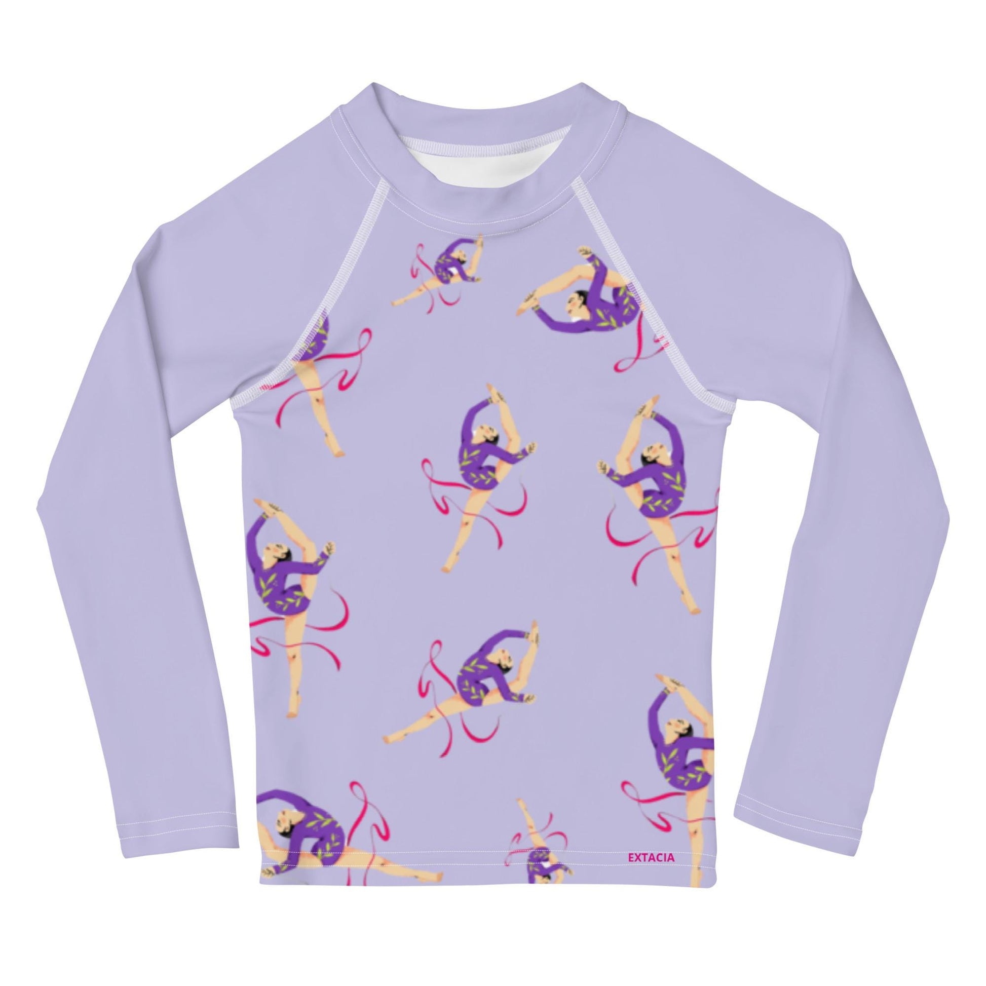 Rash guard petite fille – lila motif gymnaste danseuse - Col/poignets/ourlets