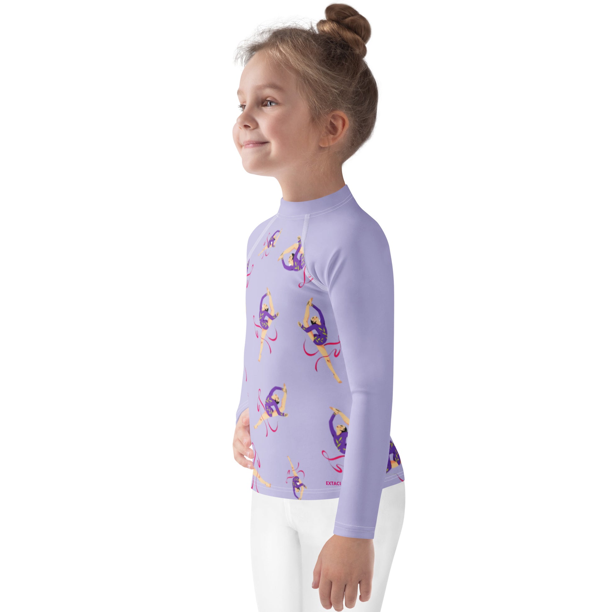 Rash guard petite fille – lila motif gymnaste danseuse - vue de profil, respirant et séchage rapide