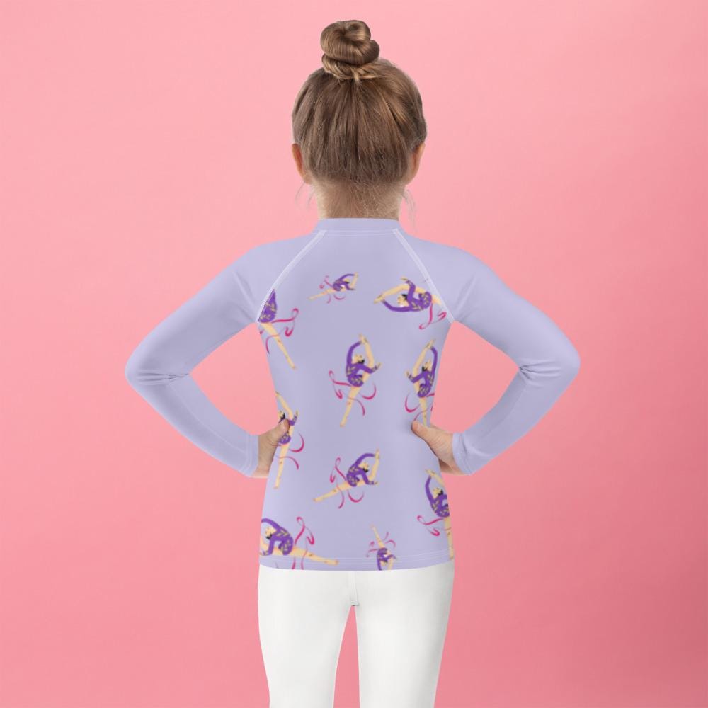 Rash guard petite fille – lila motif gymnaste danseuse – vue de dos, finitions propres