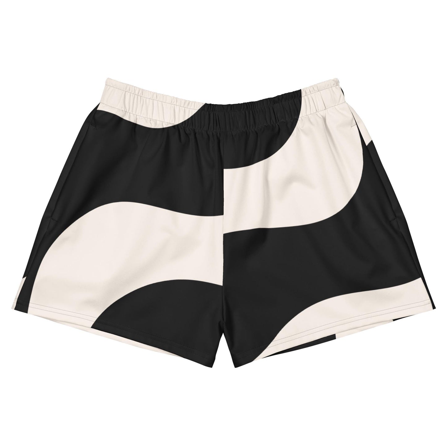 Short de sport femme en polyester recyclé - beige et noir à ondulations - Détail tissu léger **respirant** et **séchage rapide**