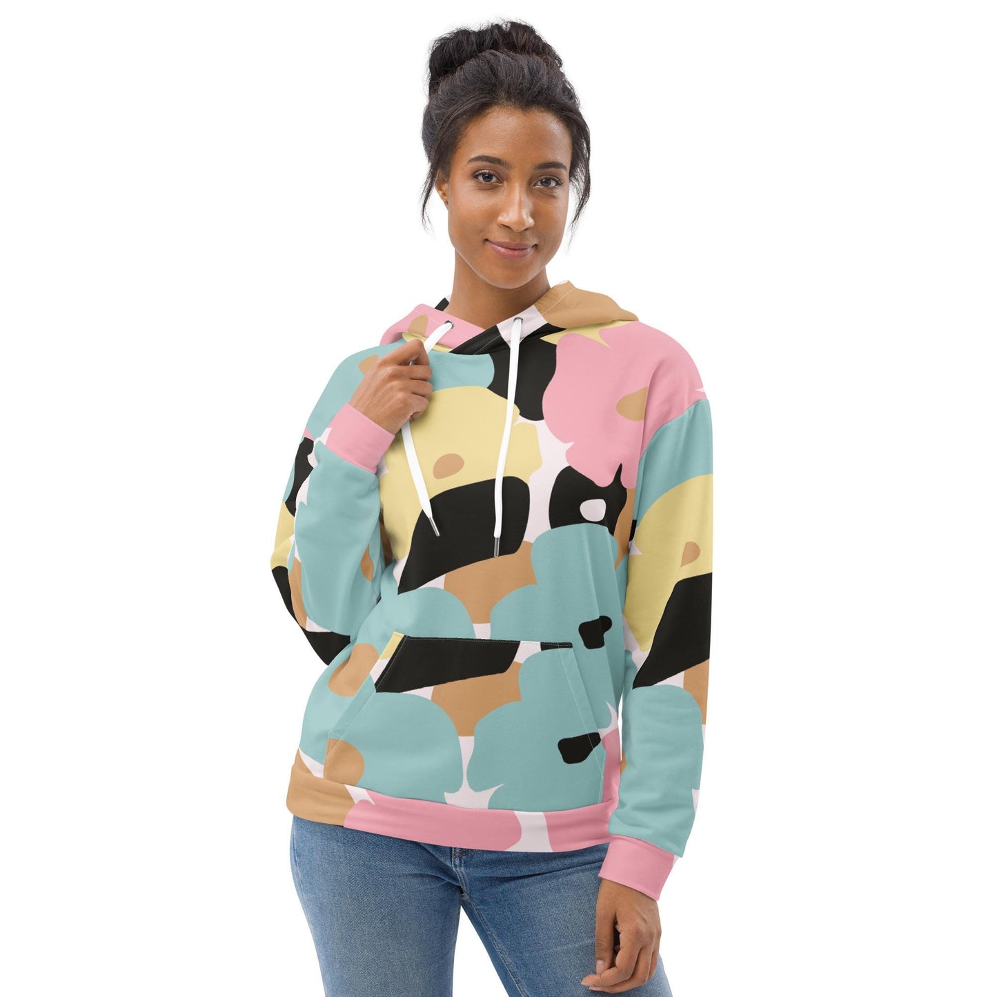 Sweat à capuche femme – polyester recyclé, vue de face - fleuri, pastel - graphique minimaliste