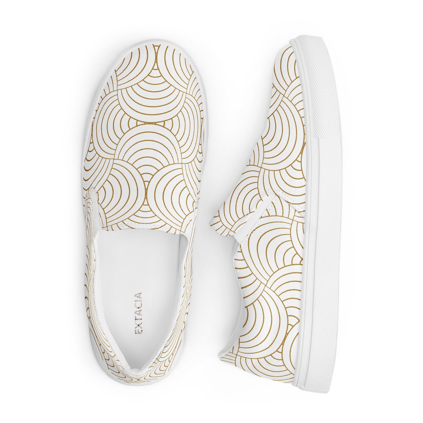 Tennis en toile femme - blanc et or, graphique - sans lacets – vue latérale, tige respirante