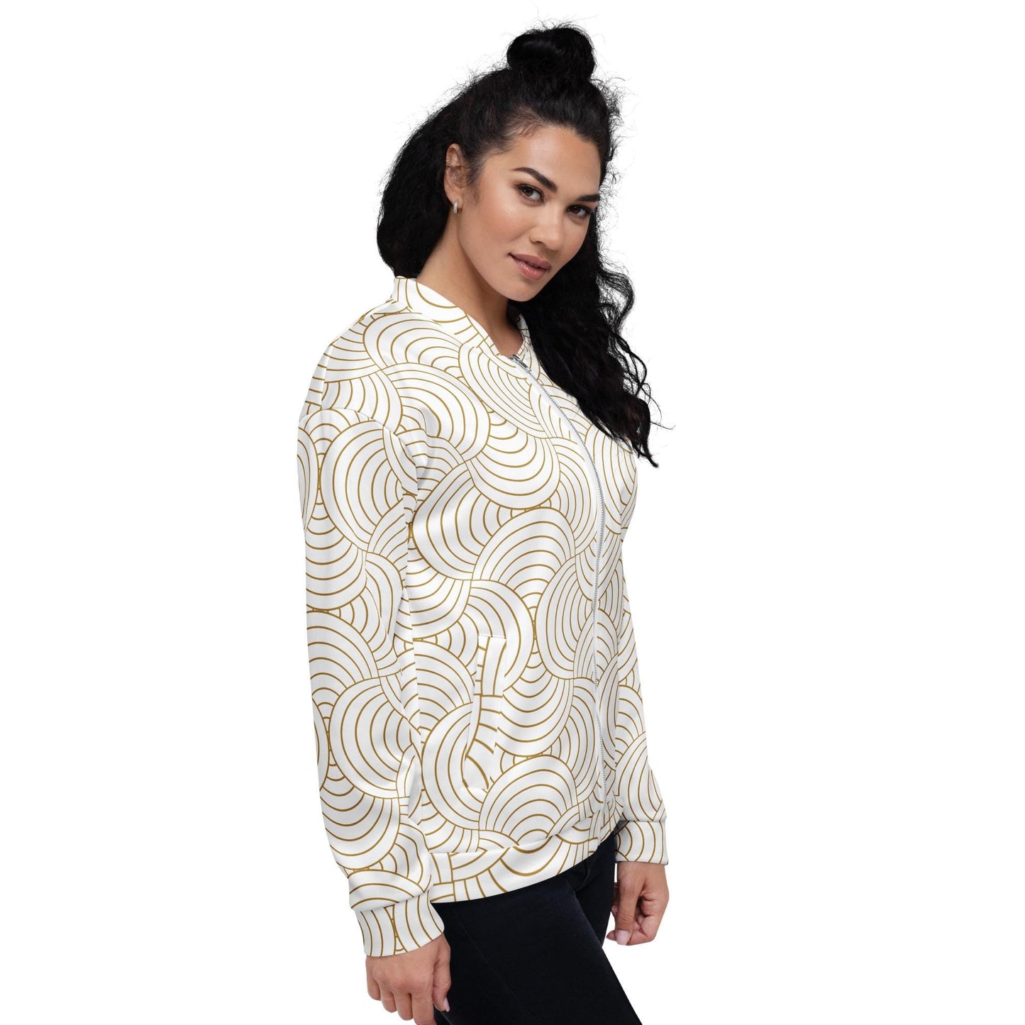 Veste bombardier femme - Blanc et Or – vue de profil, col et poignets bord-côte
