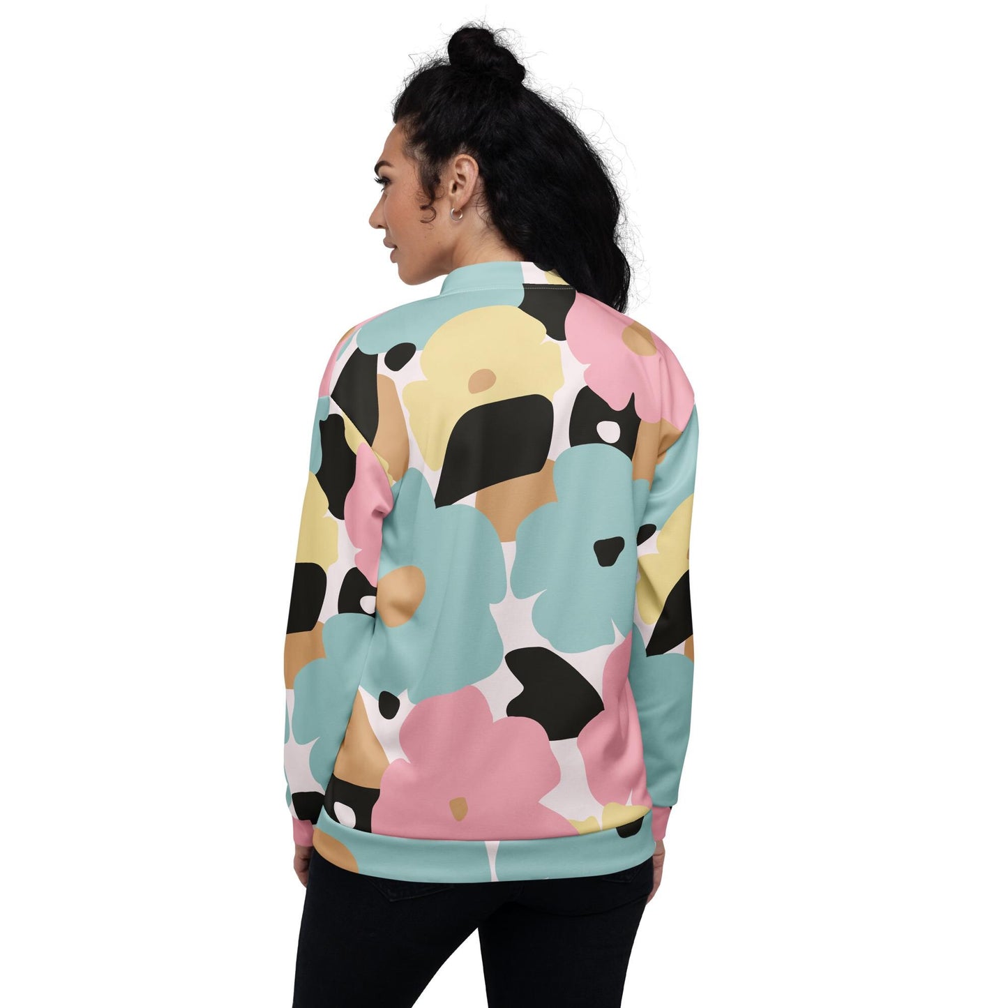 Veste bombardier femme - fleuri, pastel – vue de dos, ourlet côtelé