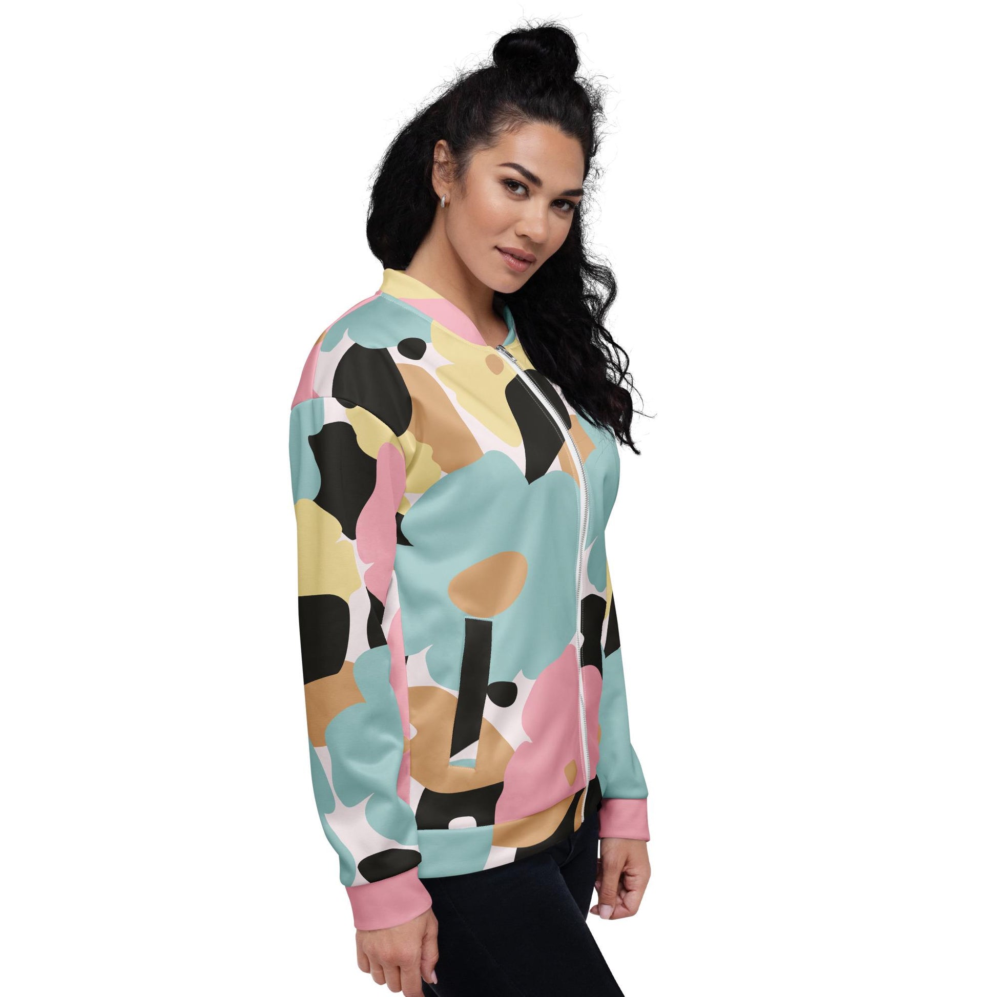 Veste bombardier femme - fleuri, pastel – vue de profil, col et poignets bord-côte