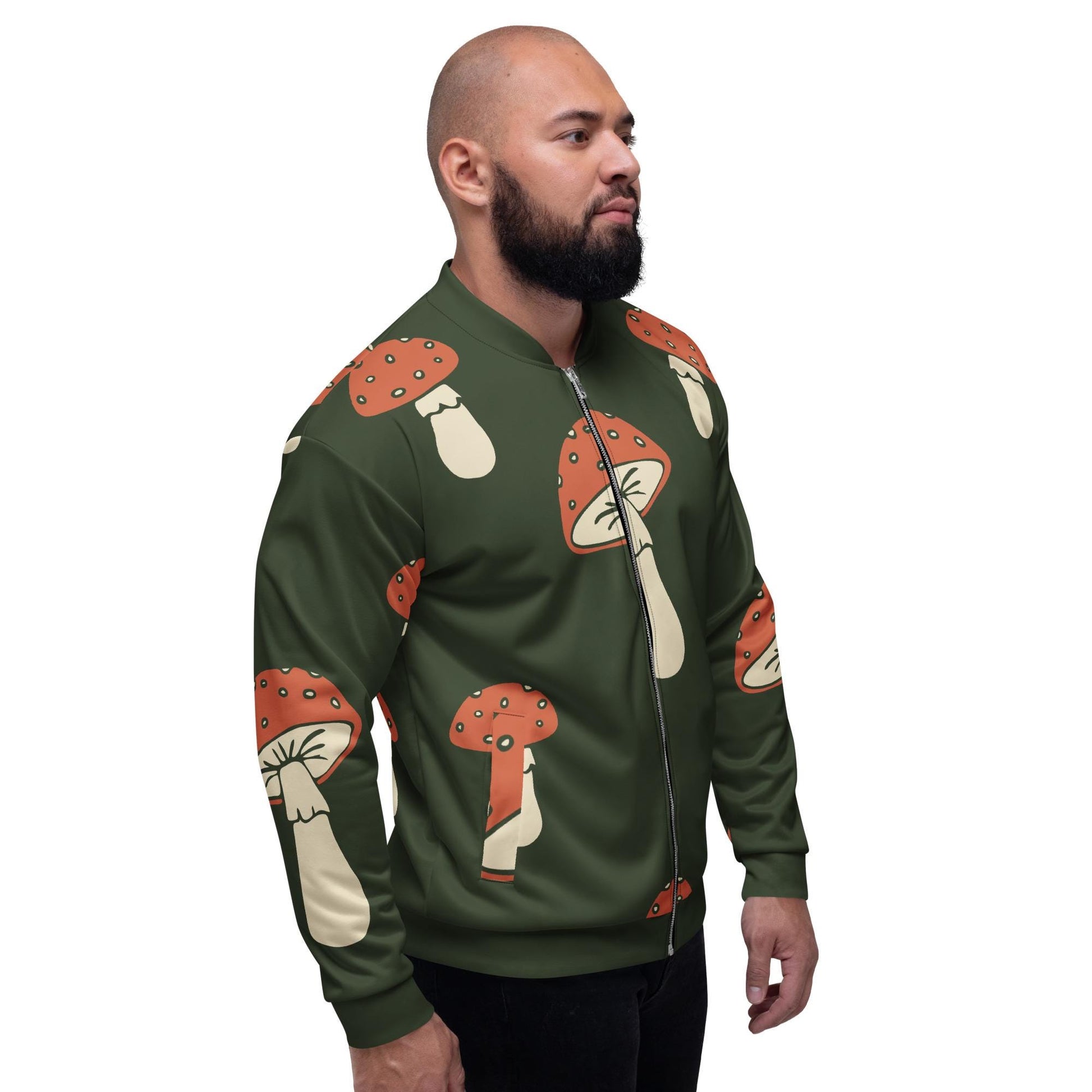 Veste bombardier homme - Vert, champignon, imprimé – vue de profil, col et poignets bord-côte