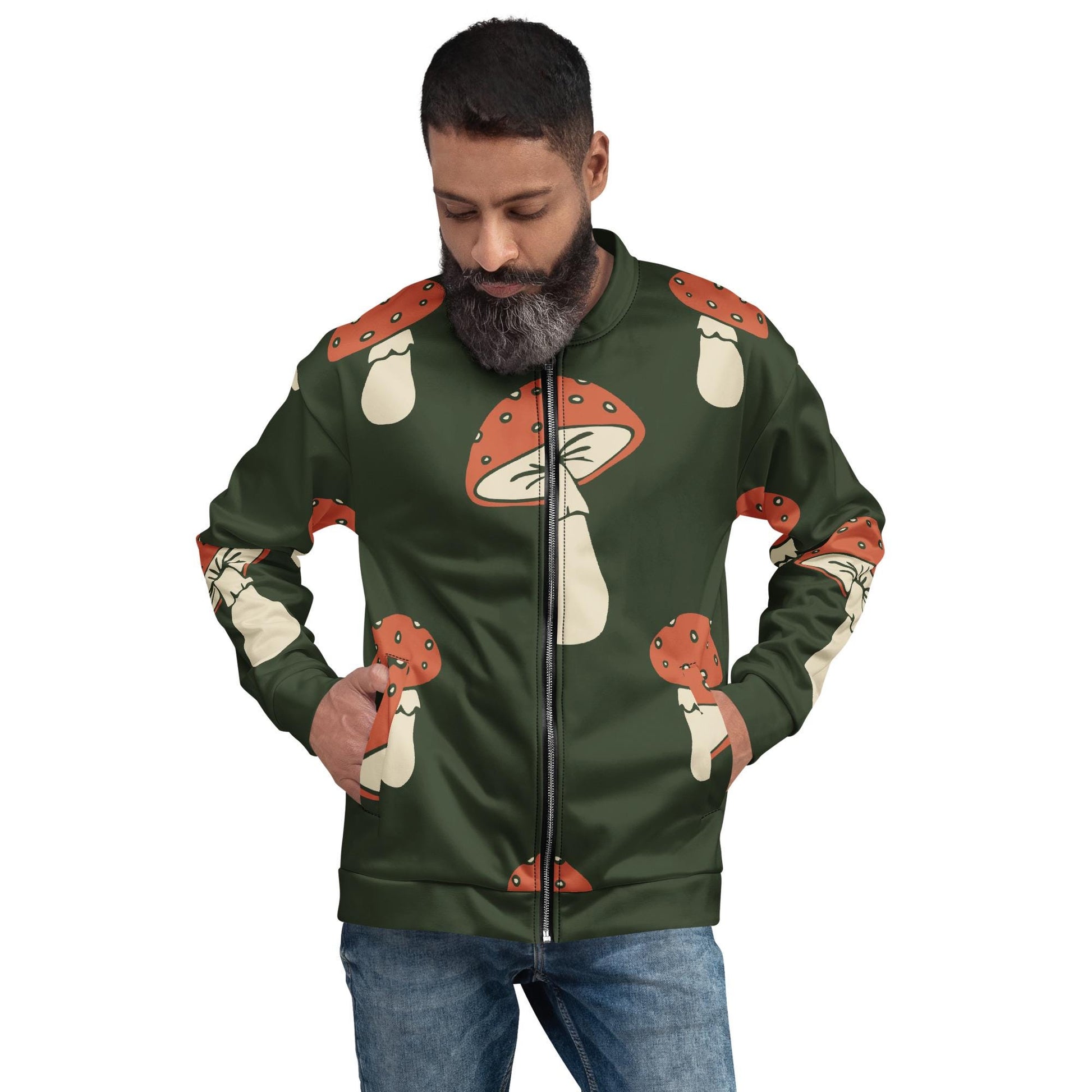 Veste bombardier homme Vert, champignon, imprimé - portée en look décontracté – Minimaliste