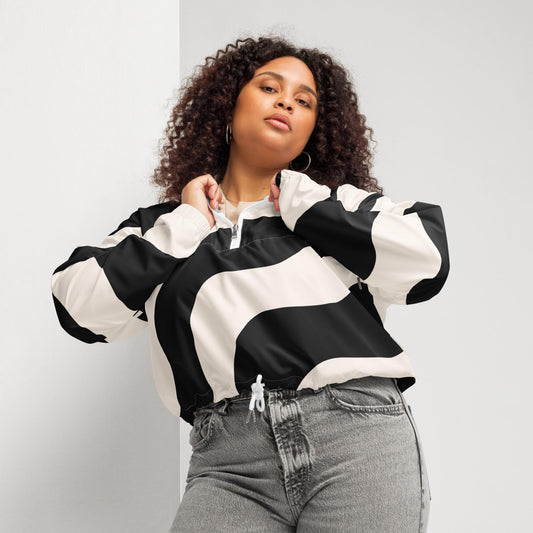 Veste coupe-vent femme, Noir et beige, crop top imperméable et respirant – vue de face