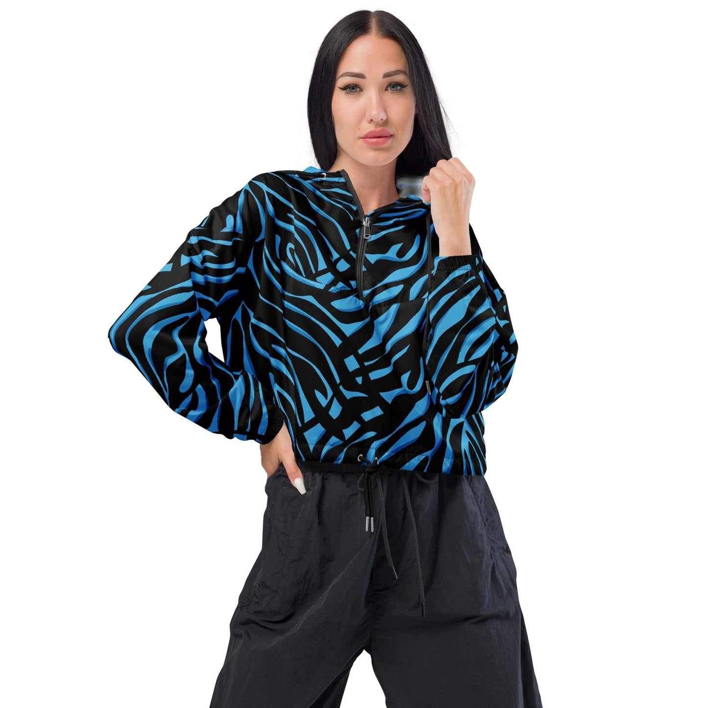 Veste coupe-vent femme bleu et noir, crop top imperméable et respirant – vue de face