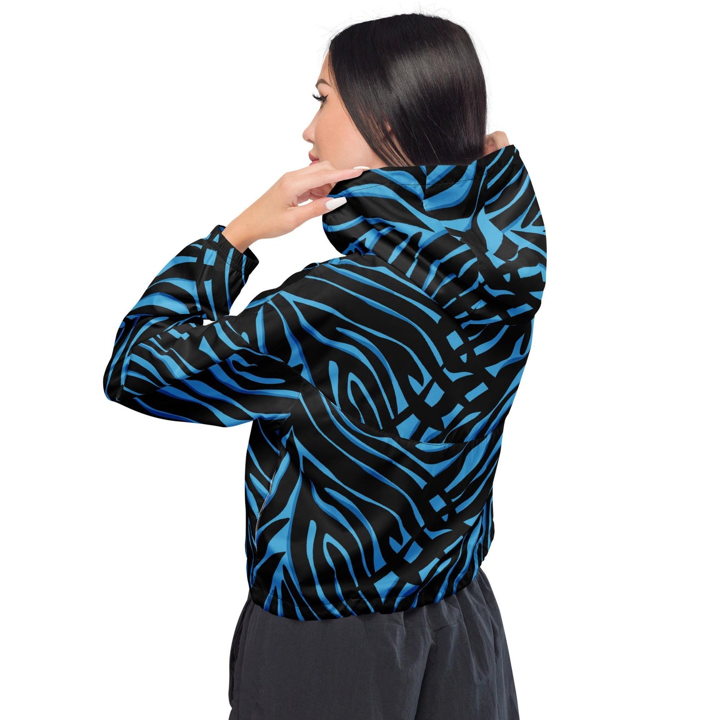Veste coupe-vent femme bleu et noir – vue de dos, ourlet élastiqué