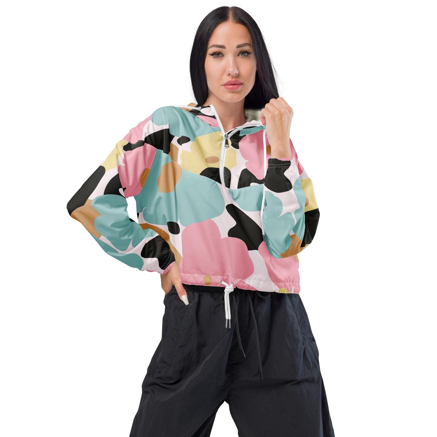 Veste coupe-vent femme fleuri, pastel, crop top imperméable et respirant – vue de face