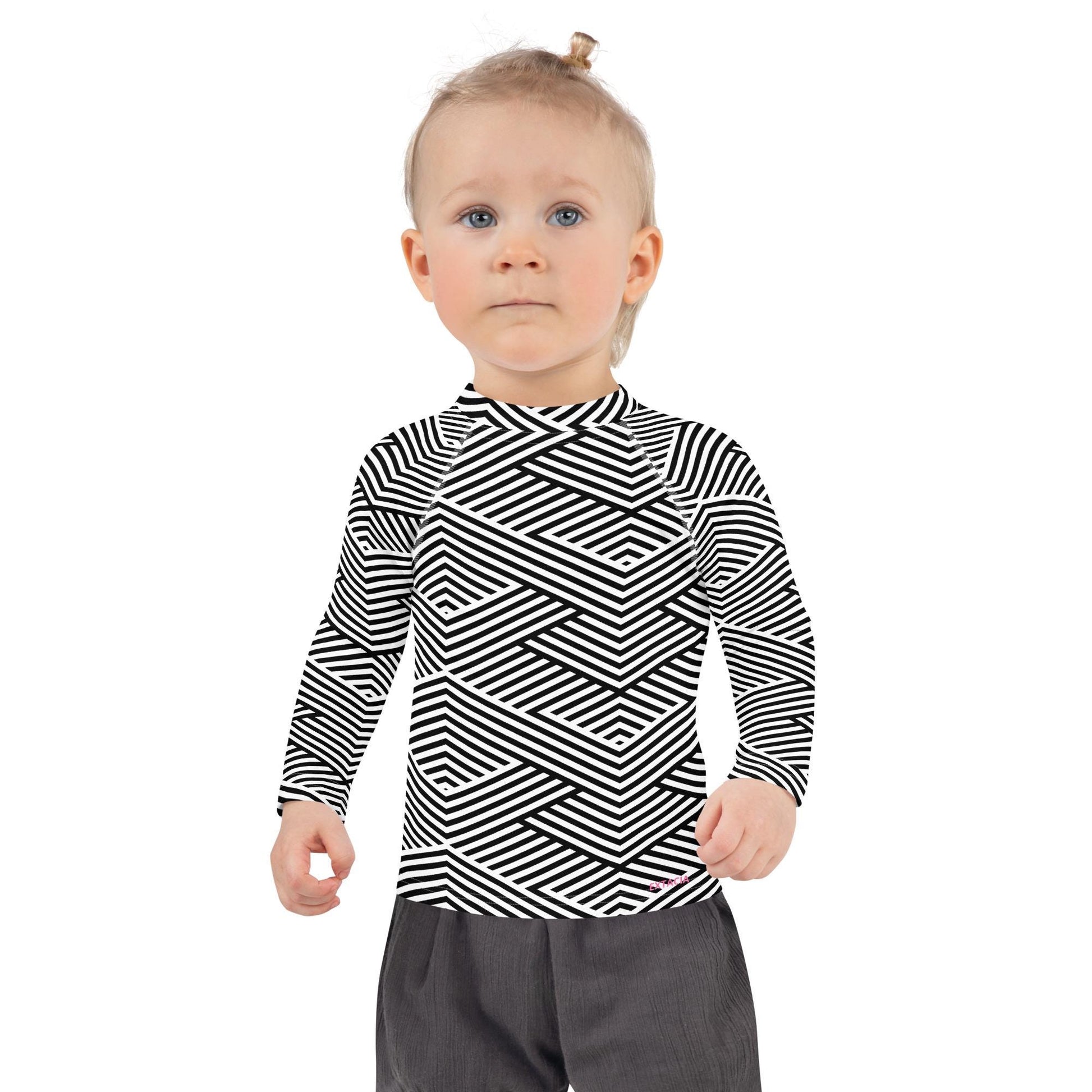 Rash guard petite fille – blanc et noir rayures graphique minimaliste - Détail maille technique, confort sur peau sensible