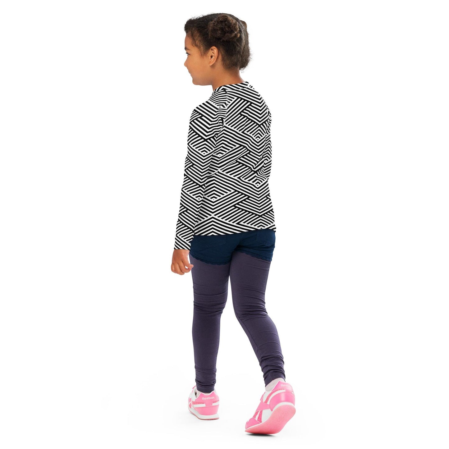 Rash guard pour petite fille – Blanc & Noir – Compression légère, séchage rapide – Graphique