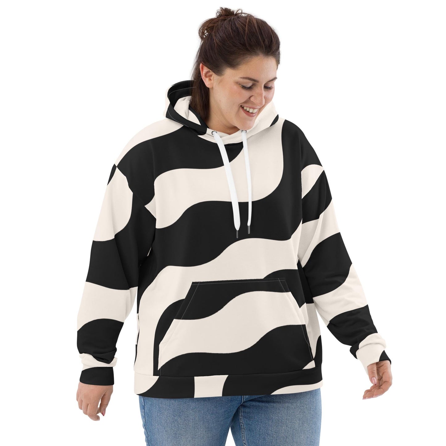 Sweat à capuche pour femme – Beige & Noir – Polyester recyclé, doux & durable – Graphique Minimaliste