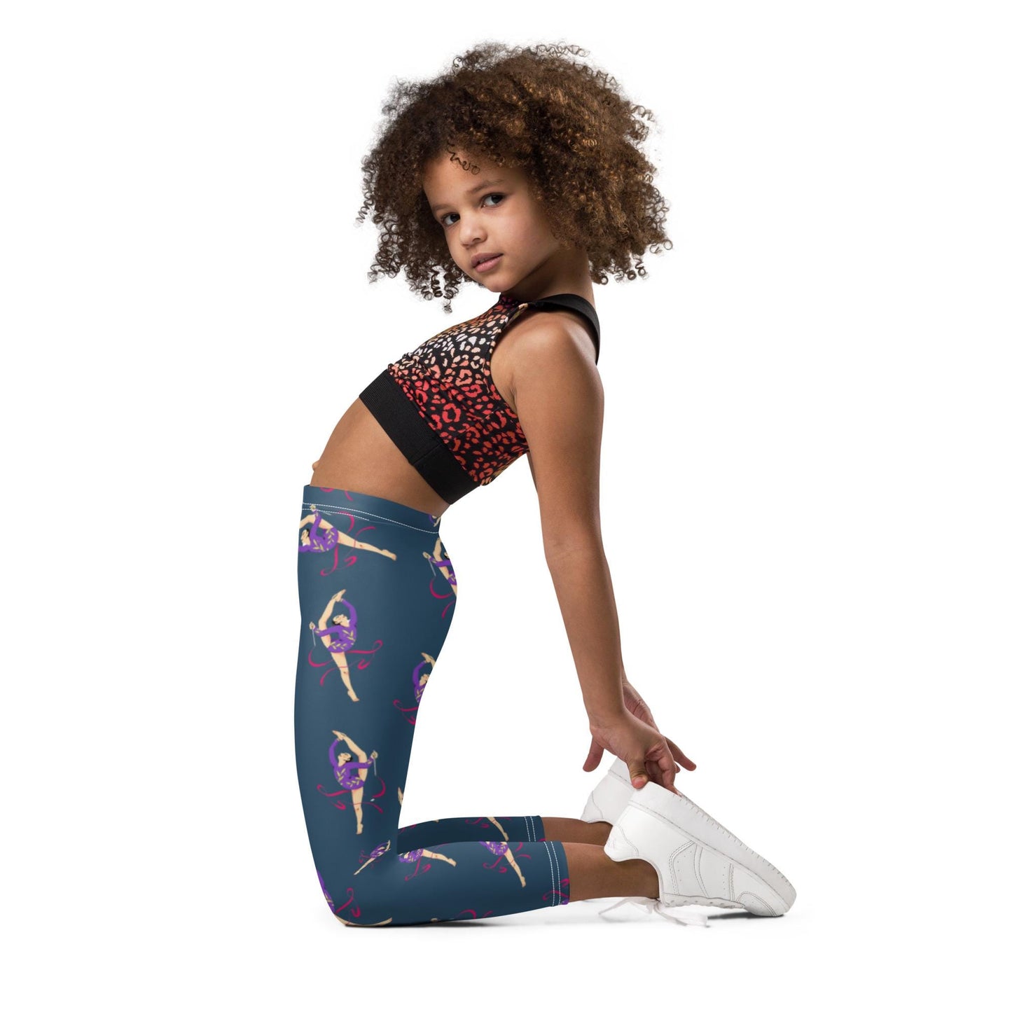 Legging pour petite fille – Bleu Capri – Doux, extensible, toutes saisons – Motif Gymnaste Danseuse