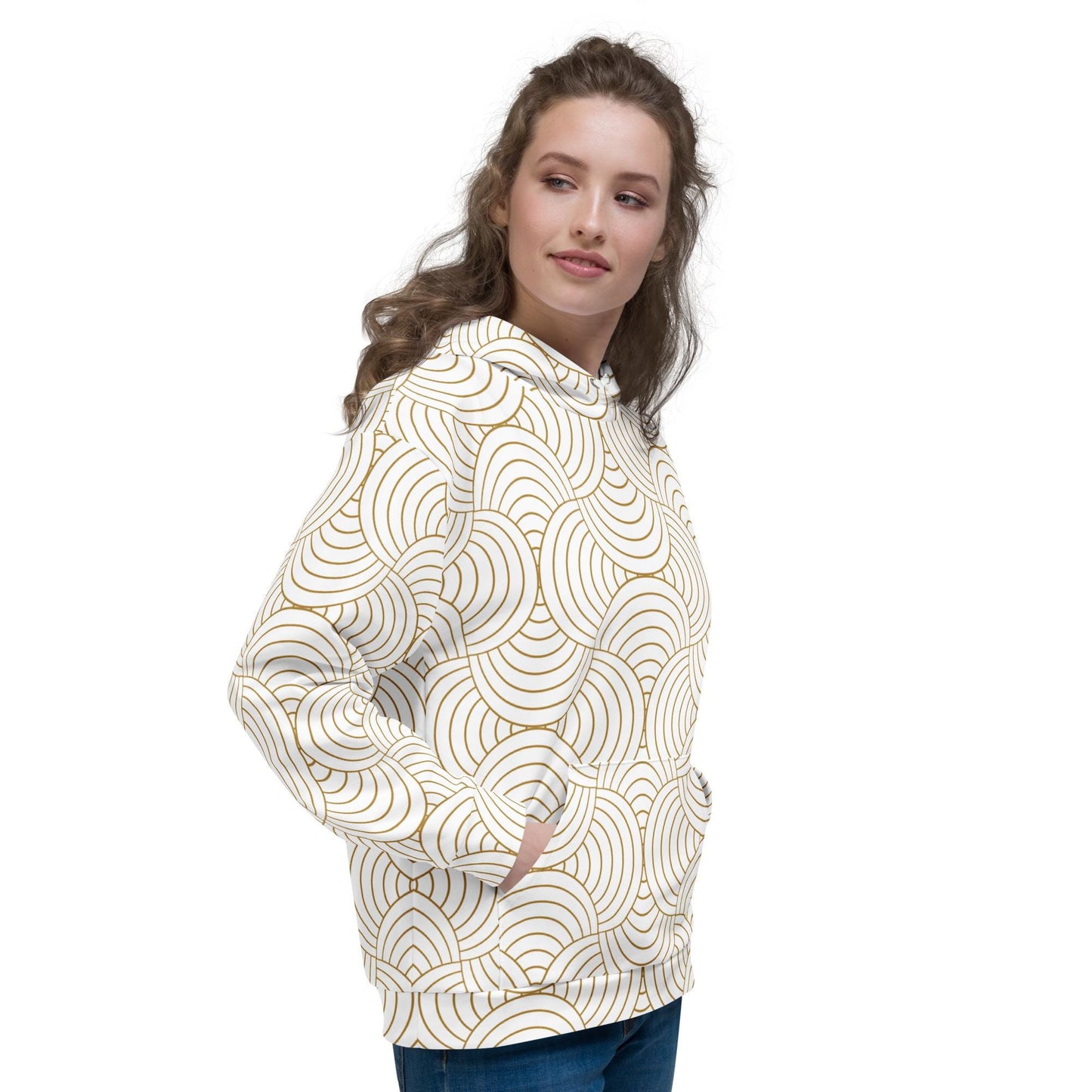 Sweat à capuche pour femme – Blanc & Or – Polyester recyclé, doux & durable – Graphique Minimaliste