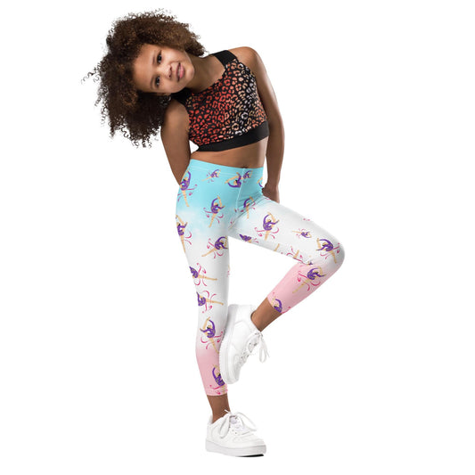 Legging pour petite fille – Dégradé Bleu, Blanc, Rosé – Doux, extensible, toutes saisons – Motif Gymnaste Danseuse
