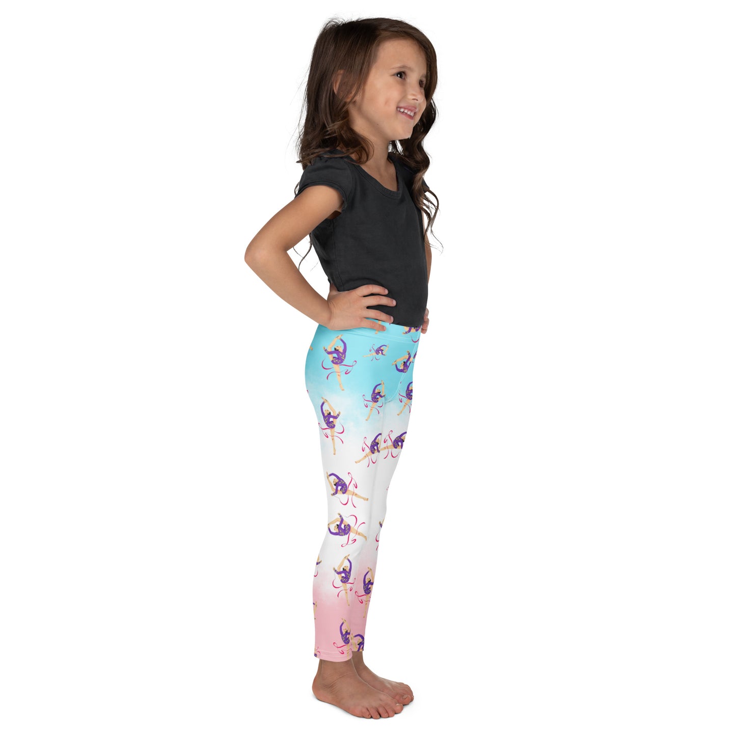Legging pour petite fille – Dégradé Bleu, Blanc, Rosé – Doux, extensible, toutes saisons – Motif Gymnaste Danseuse
