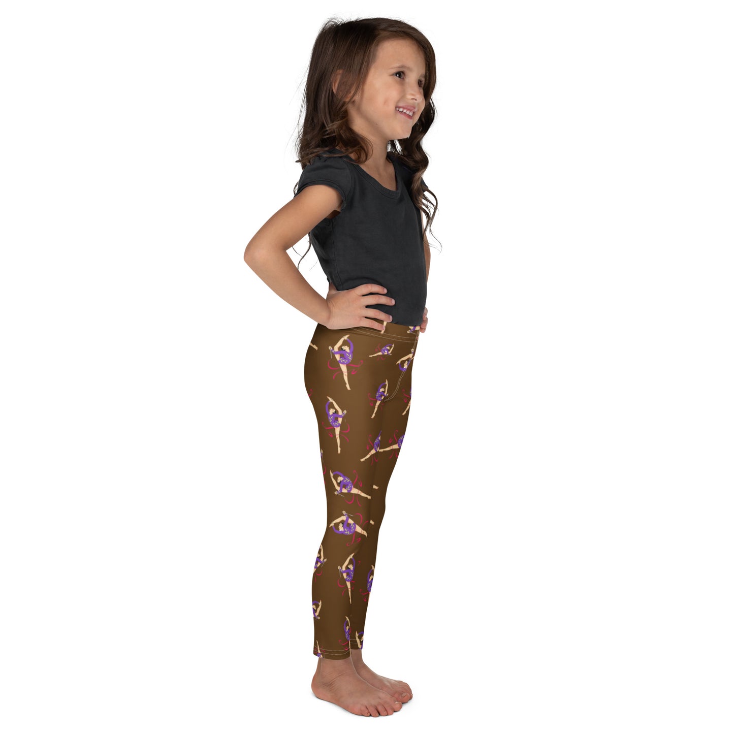 Legging pour petite fille – Marron – Doux, extensible, toutes saisons – Motif Gymnaste Danseuse