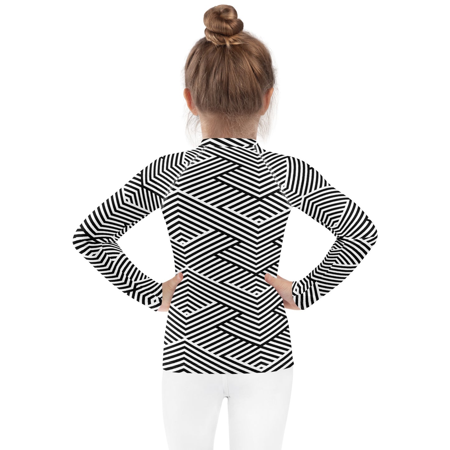 Rash guard pour petite fille – Blanc & Noir – Compression légère, séchage rapide – Graphique