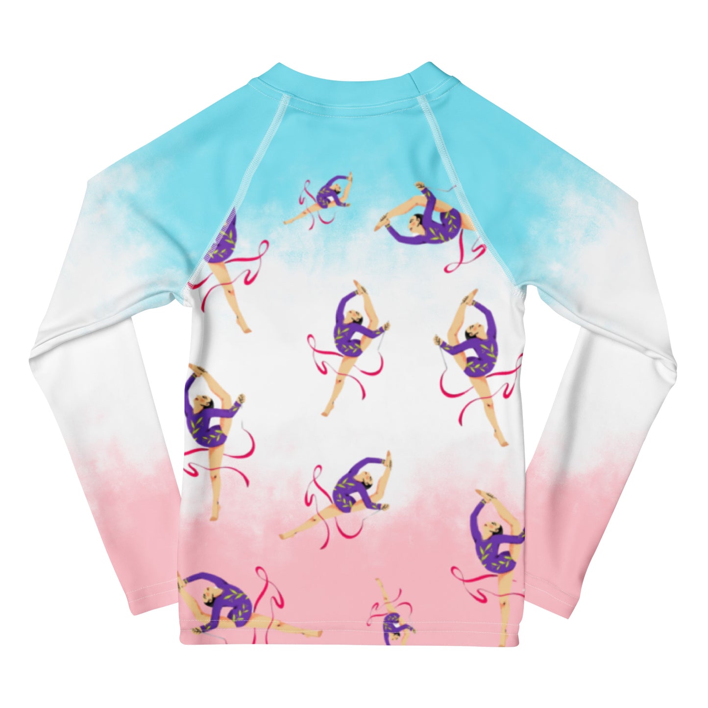 Rash guard pour petite fille – Dégradé Bleu, Blanc, Rosé – Compression légère, séchage rapide – Motif Gymnaste Danseuse